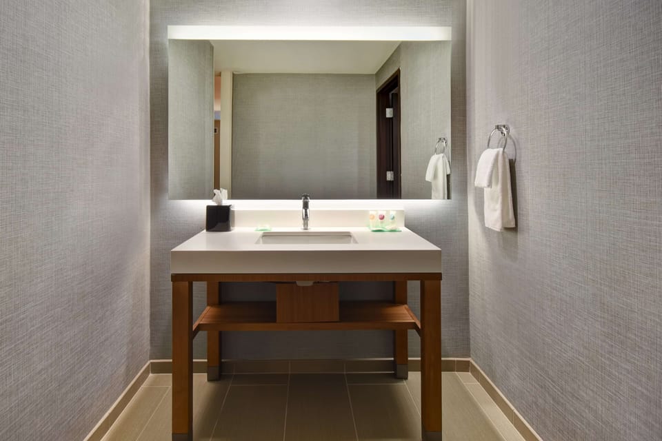 Combined shower/tub, hair dryer, towels