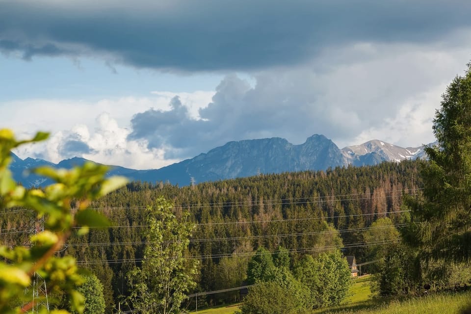 A picturesque view of a green village nestled in a valley with a backdrop of mountains under a cloudy sky.