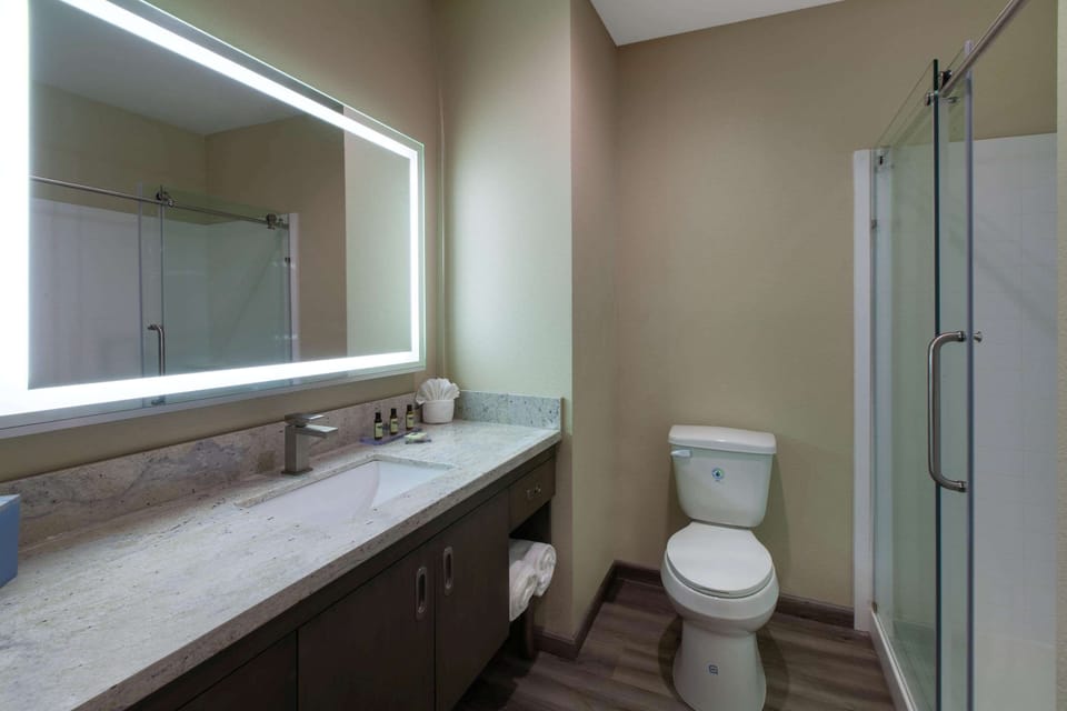 Hair dryer, towels, soap, shampoo