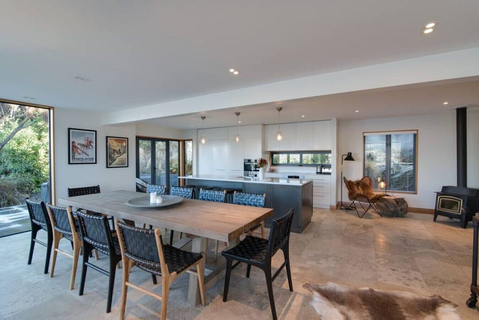 Open plan kitchen/dinning with wood burner fire
