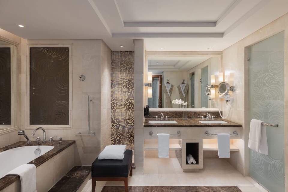 Rainfall showerhead, eco-friendly toiletries, hair dryer, bathrobes