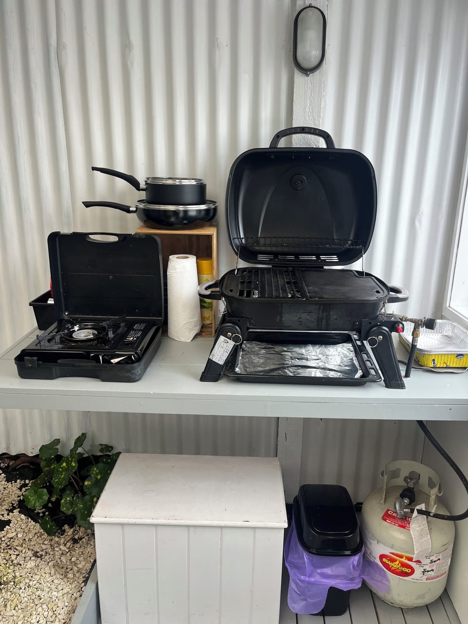 Webber mini BBQ single gas cooker, pots and fry pan