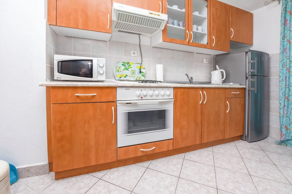 Apartment (A2) | Private kitchen | Fridge, microwave, oven, stovetop