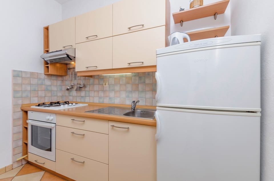 Apartment (A1) | Private kitchen | Fridge, oven, stovetop, electric kettle