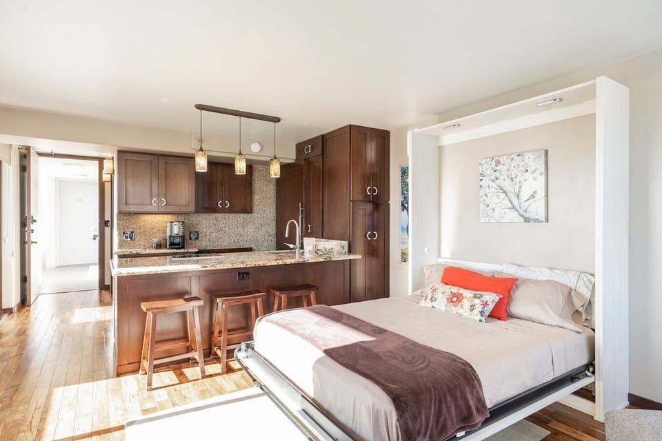 Bright, airy studio with queen size wallbed.  Firm, comfortable mattress.