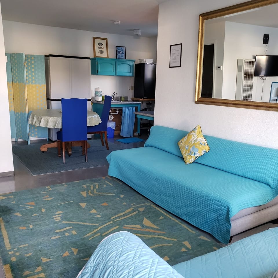 Living area with daybed and kitchen in background.