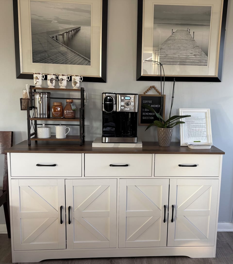 Coffee bar with Keurig and assorted coffee and teas
