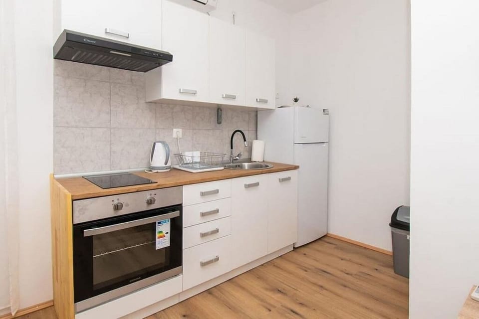 Apartment (A1) | Private kitchen | Fridge, stovetop, electric kettle, cookware/dishes/utensils