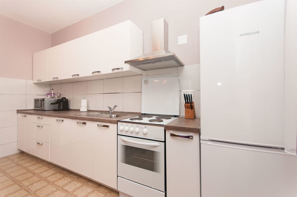Apartment (A1) | Private kitchen | Fridge, microwave, oven, stovetop