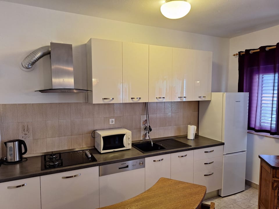 Apartment (A1) | Private kitchen | Fridge, microwave, oven, stovetop