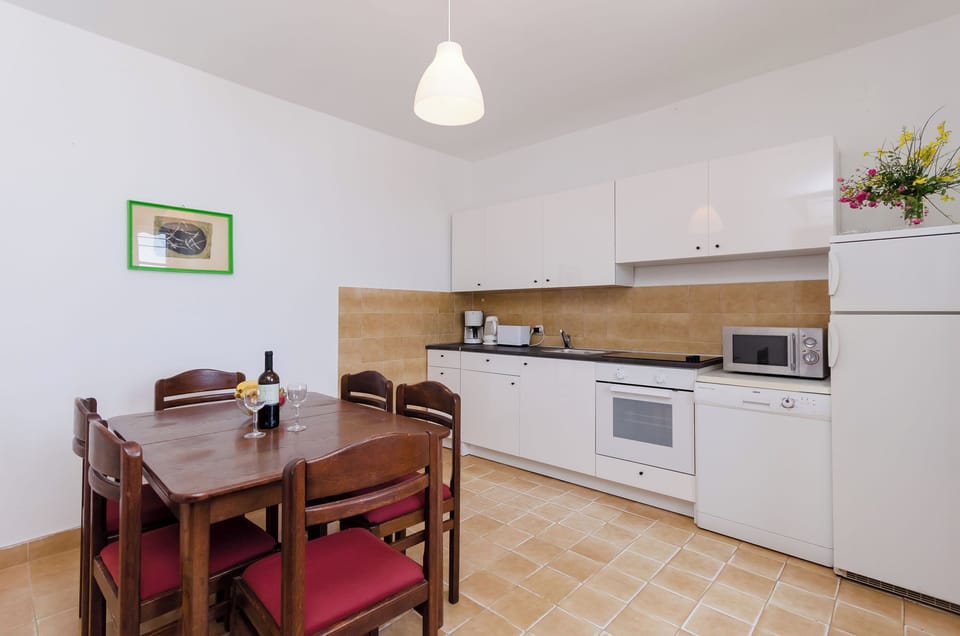Apartment (A1) | Private kitchen | Fridge, microwave, oven, stovetop