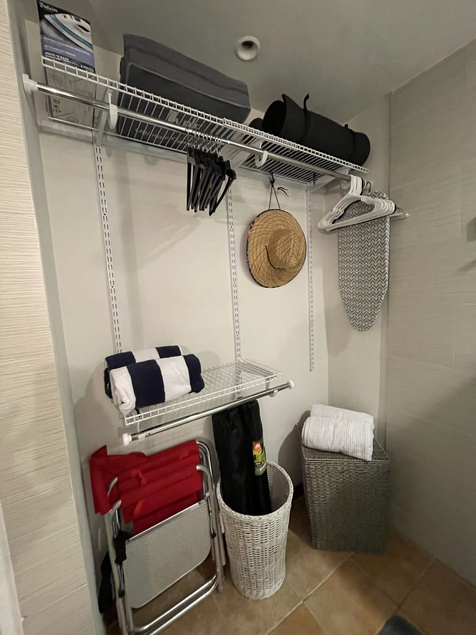 Towels, beach chairs and yoga mats available for use. 