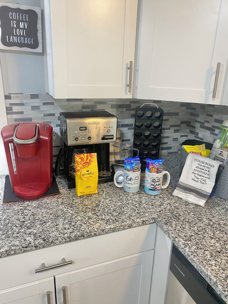 We are all about coffee!  There is a Keurig,  Cuisinart  and a  frother