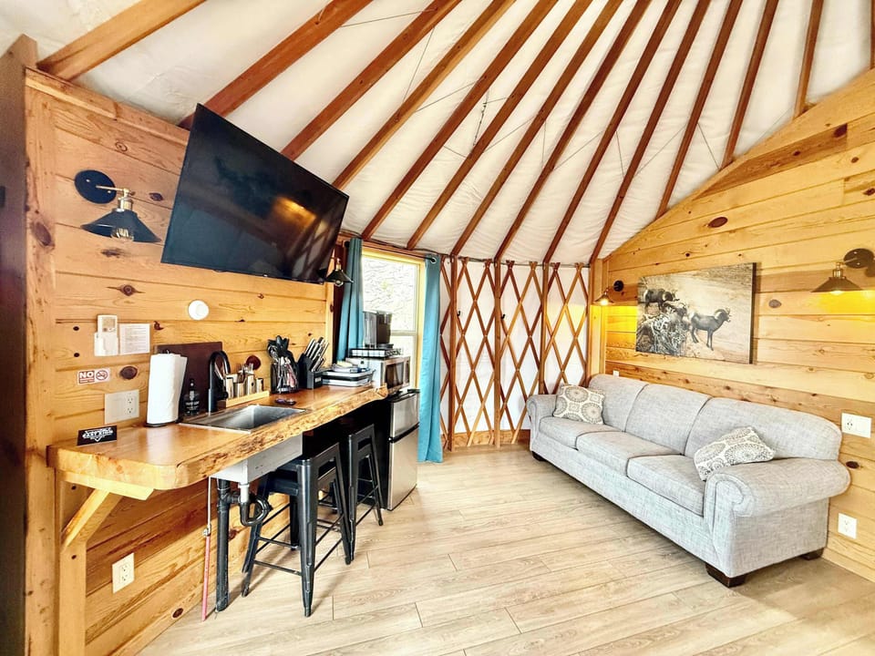 Yurt 8 has a kitchenette, sitting area and queen sofa bed