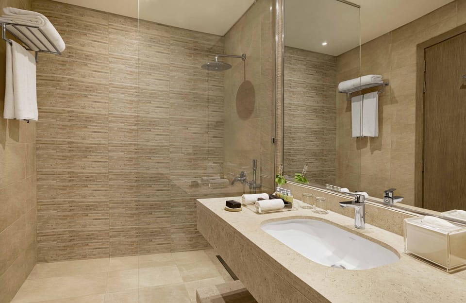Shower, eco-friendly toiletries, hair dryer, towels