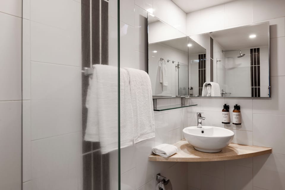 Shower, free toiletries, hair dryer, towels