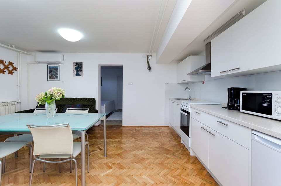 Apartment (A1) | Private kitchen | Fridge, microwave, oven, stovetop