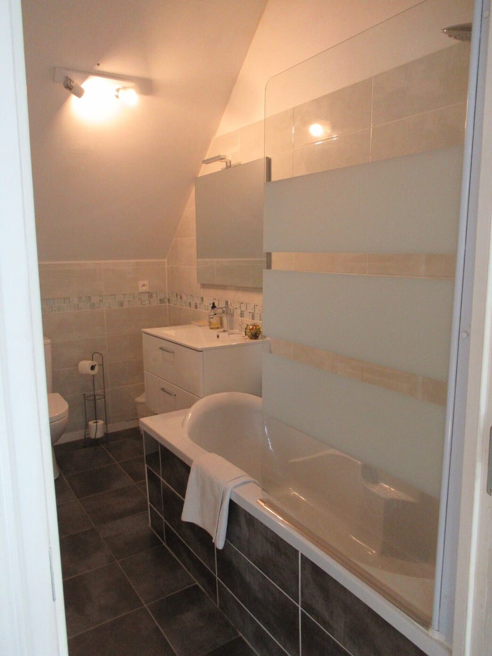 Triple Room (Les Oiseaux) | Bathroom | Hair dryer, slippers, towels, soap