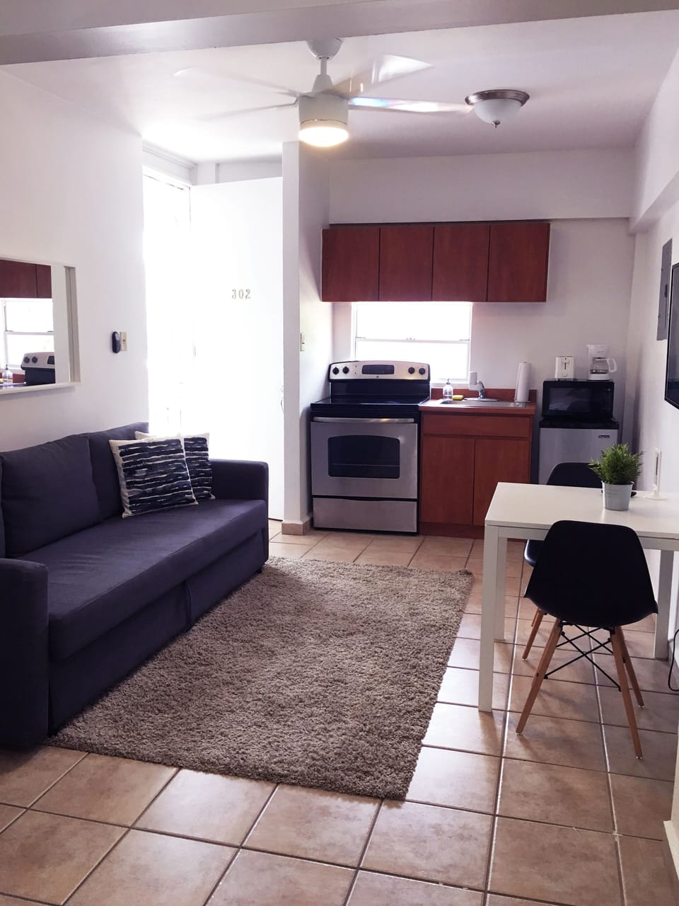 Area de sala que tiene sofá cama Queen para 2 personas y demás indumentaria.