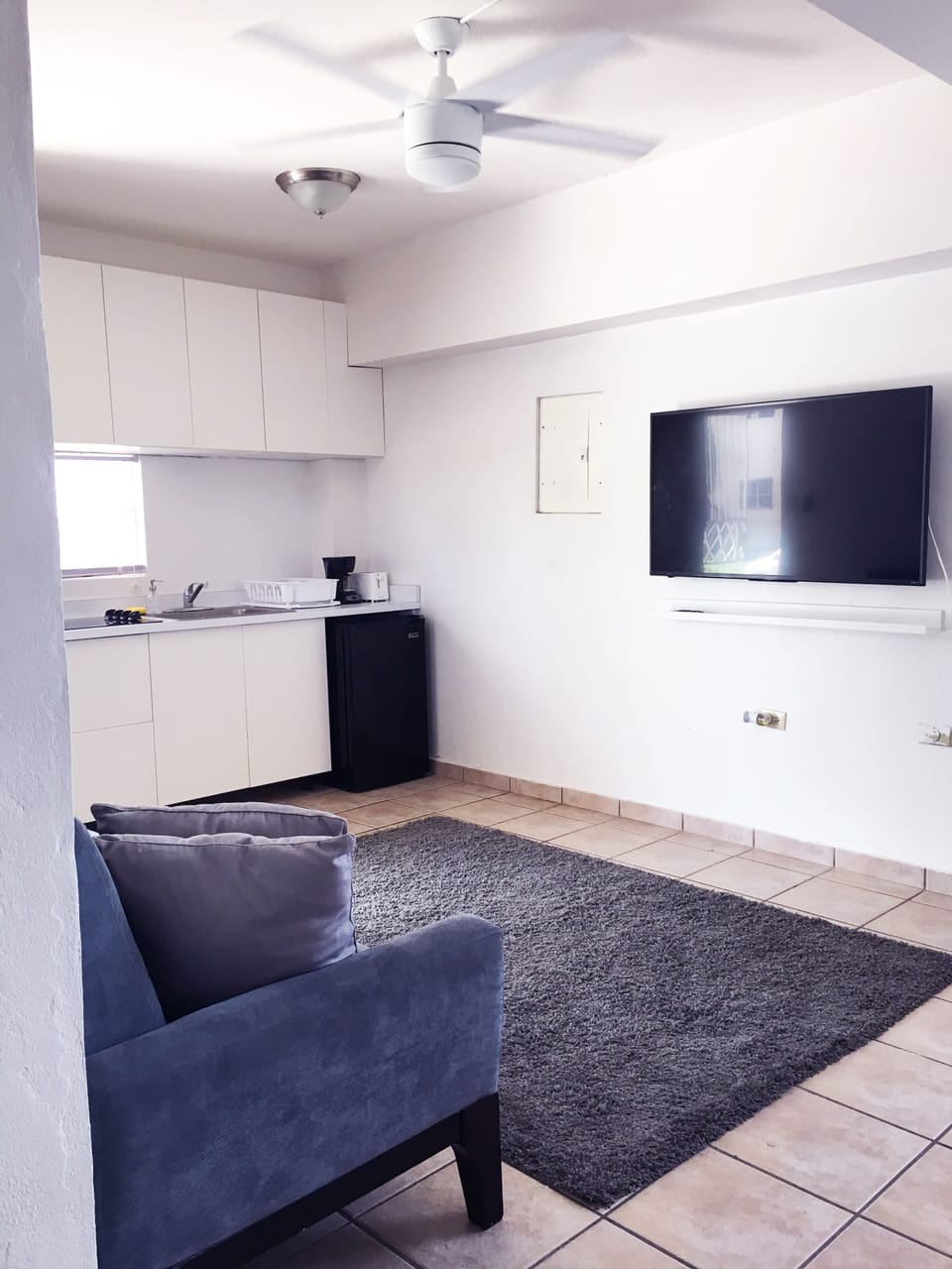Area de sala que tiene sofá cama Queen para 2 personas y demás indumentaria.