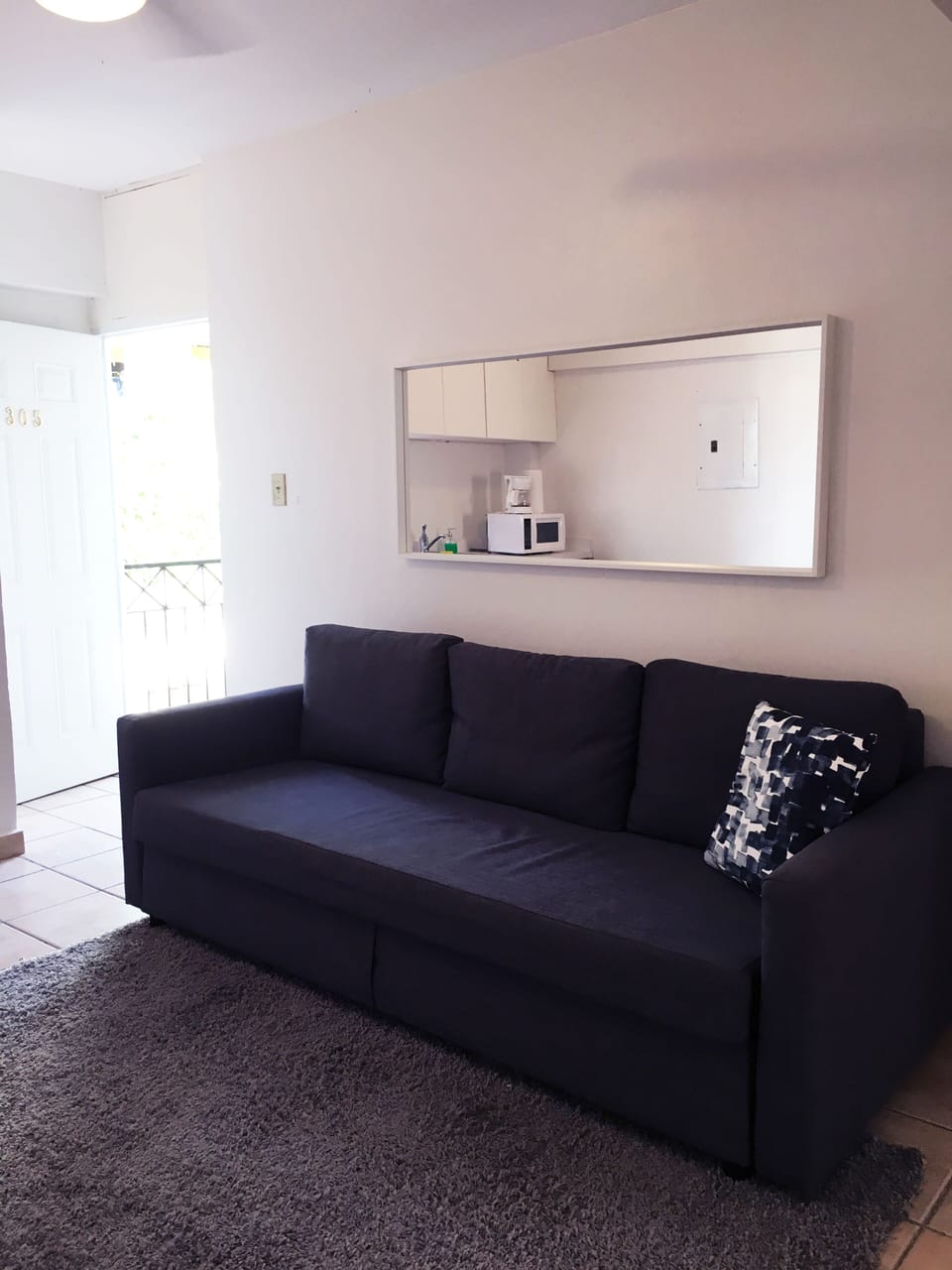 Area de sala que tiene sofá cama Queen para 2 personas y demás indumentaria.