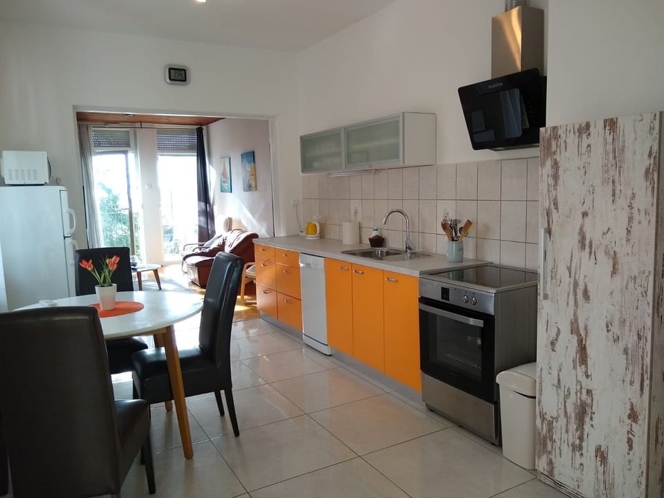 Apartment (A1) | Private kitchen | Fridge, microwave, oven, stovetop