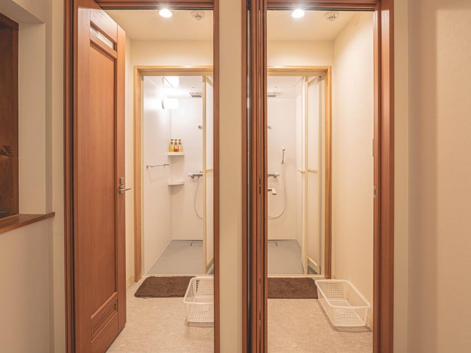 Shower, slippers, towels