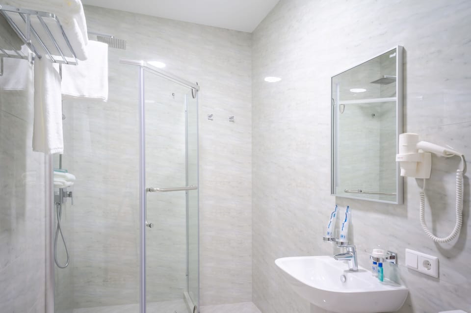 Shower, free toiletries, hair dryer, bathrobes