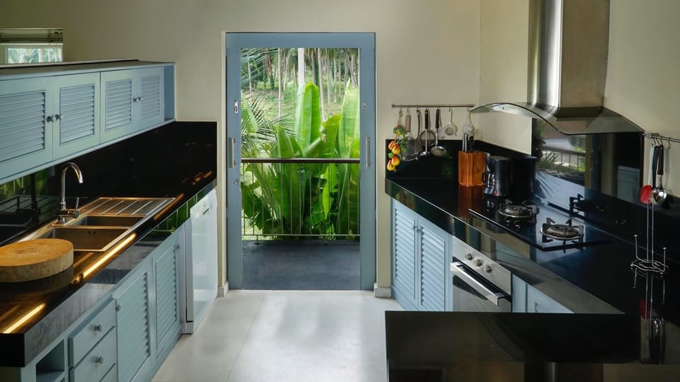 Western style Kitchen overlooks coconut plantation 