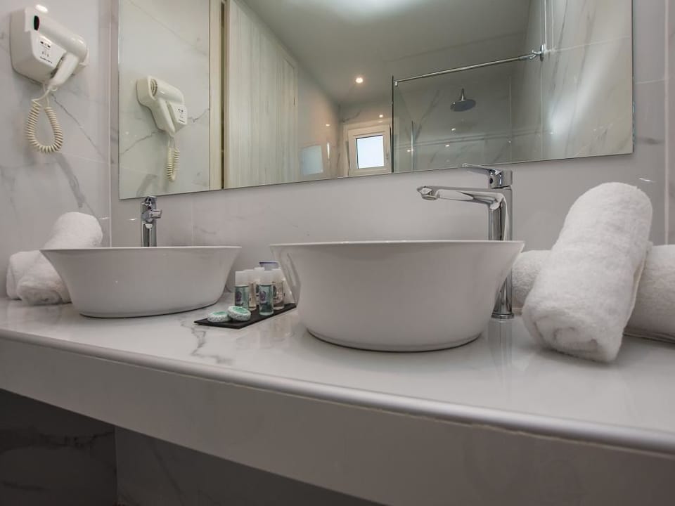 Shower, rainfall showerhead, hair dryer, slippers