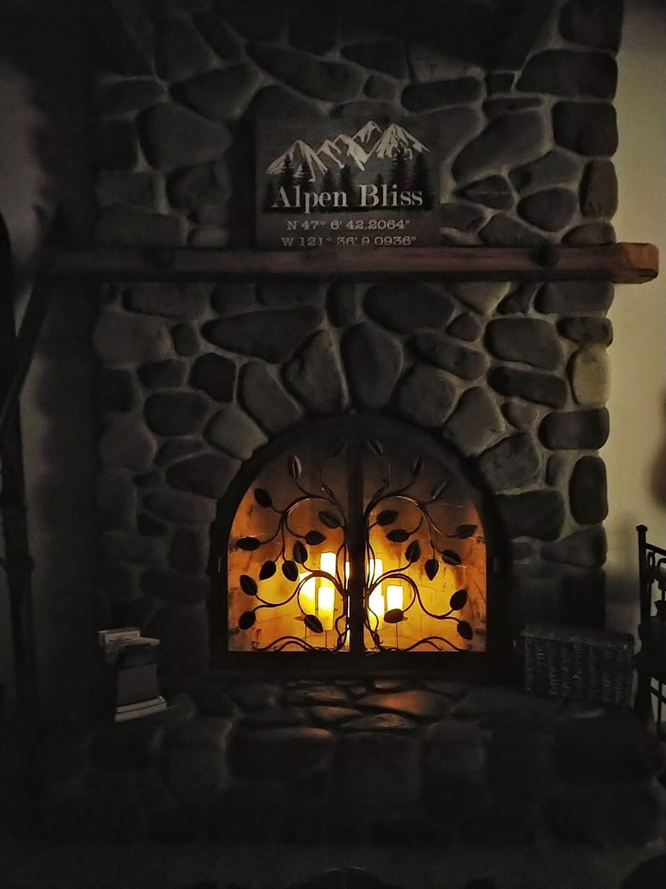 Flameless candles in the fireplace help provide a little extra ambience at night