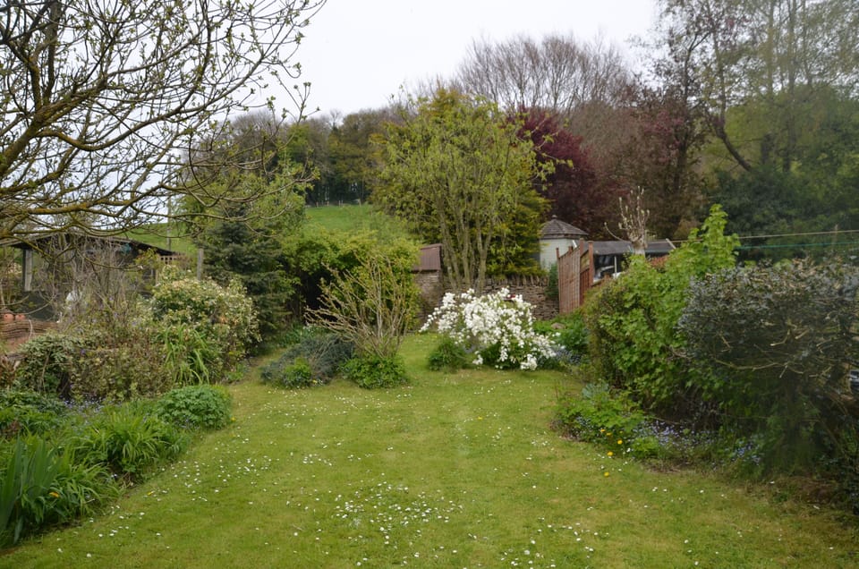 The large garden, with a rolling Cotswold hill behind it.