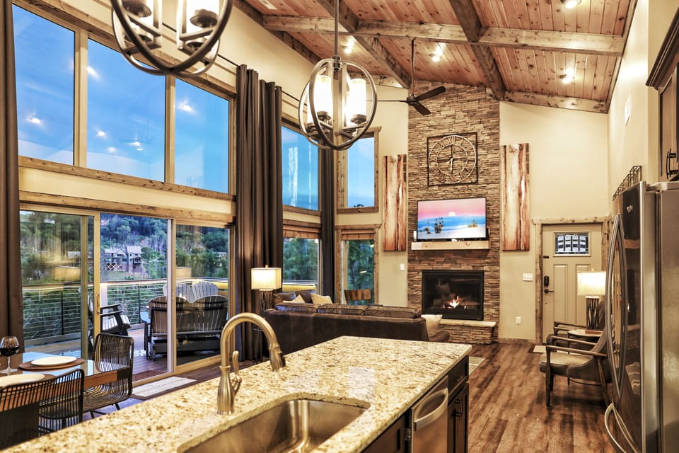 Beautiful floor to ceiling stone fireplace