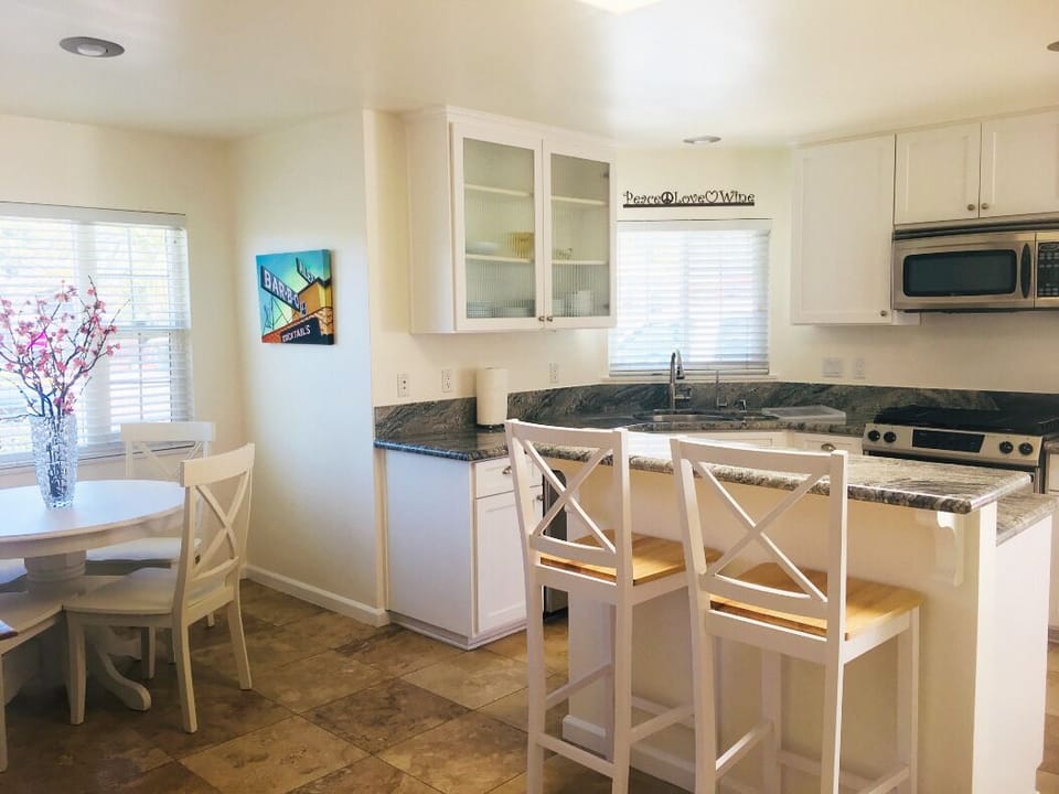 Fully stocked modern kitchen. 