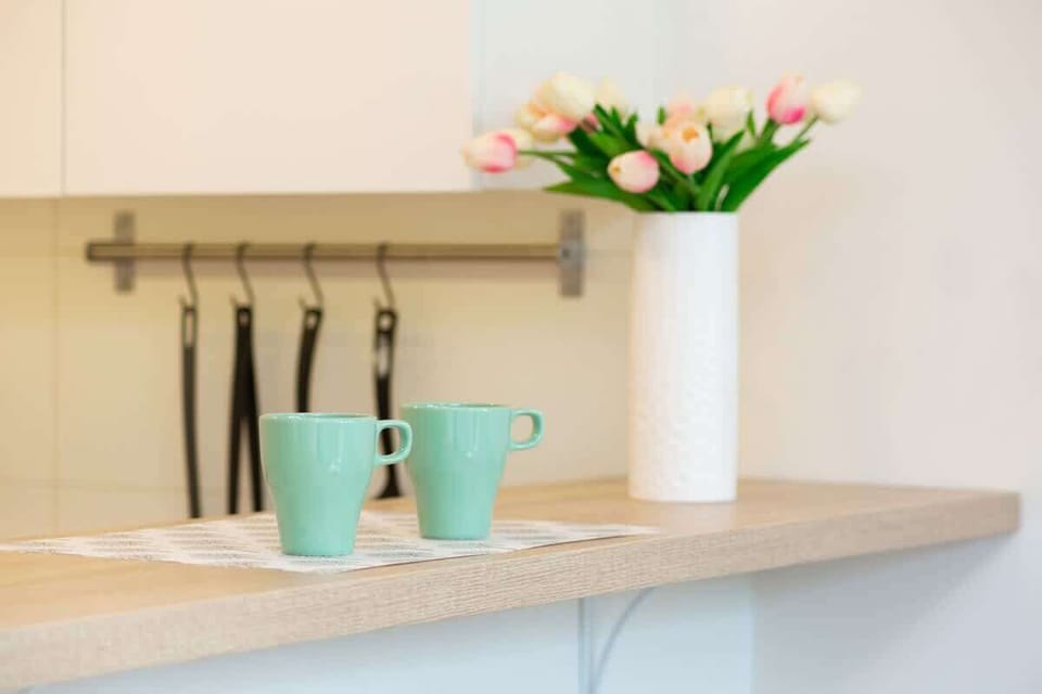 A close-up of a kitchen shelf decorated with mugs and a small flower vase, enhancing the studio’s cozy atmosphere.