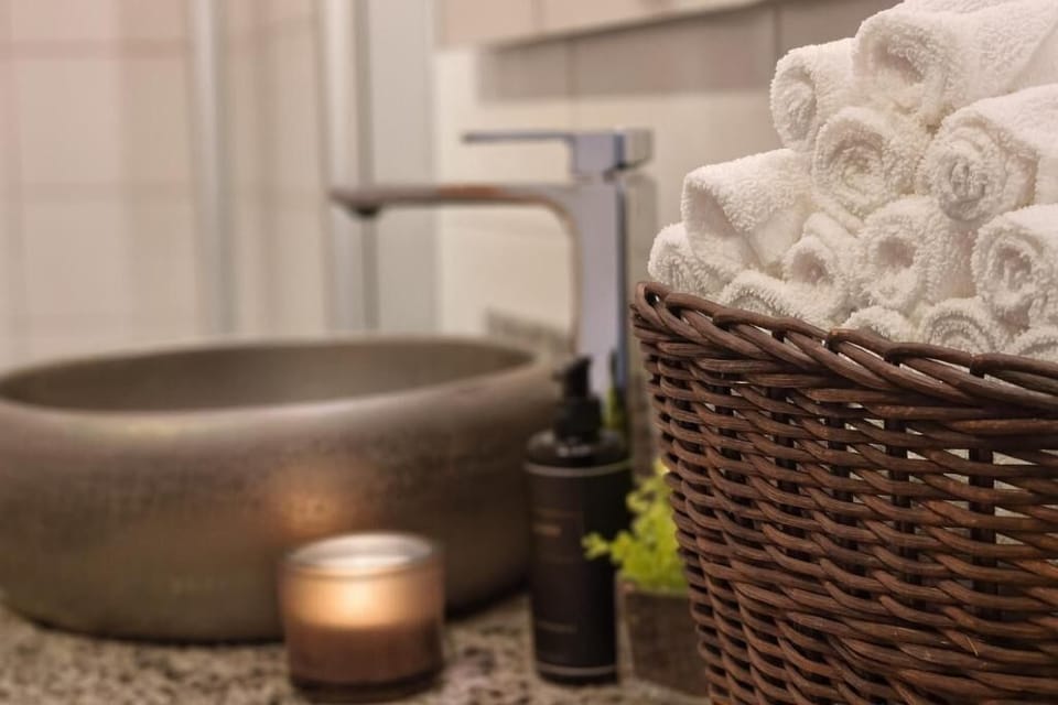 Hair dryer, bathrobes, towels, soap