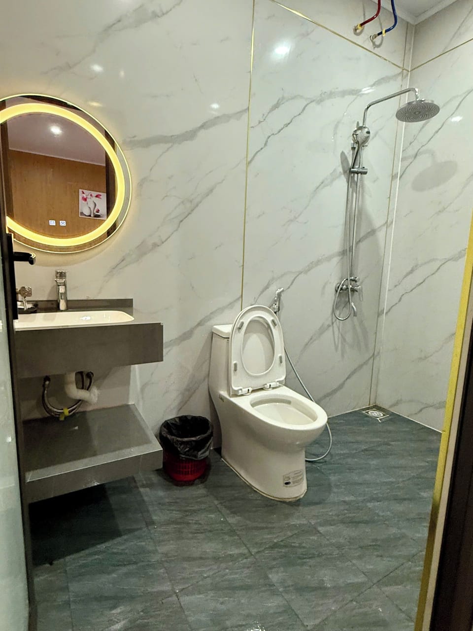 Shower, rainfall showerhead, hair dryer, slippers