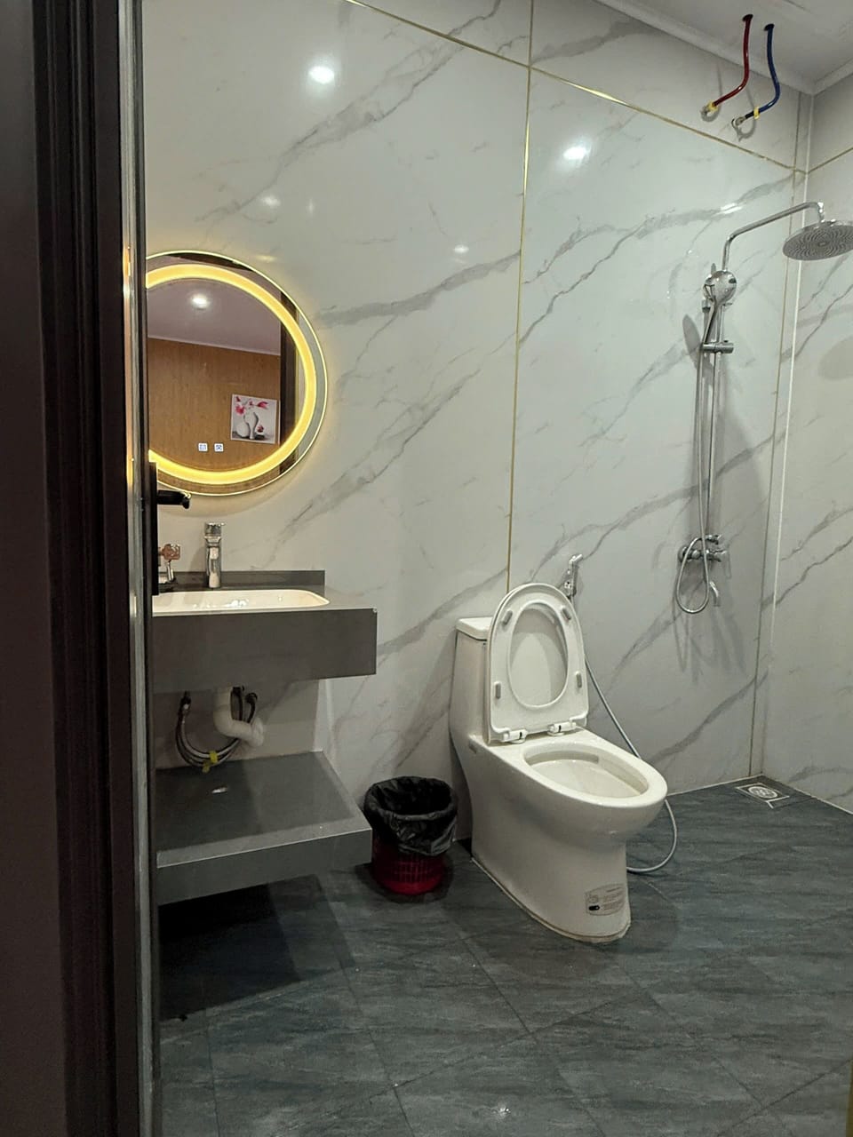Shower, rainfall showerhead, hair dryer, slippers