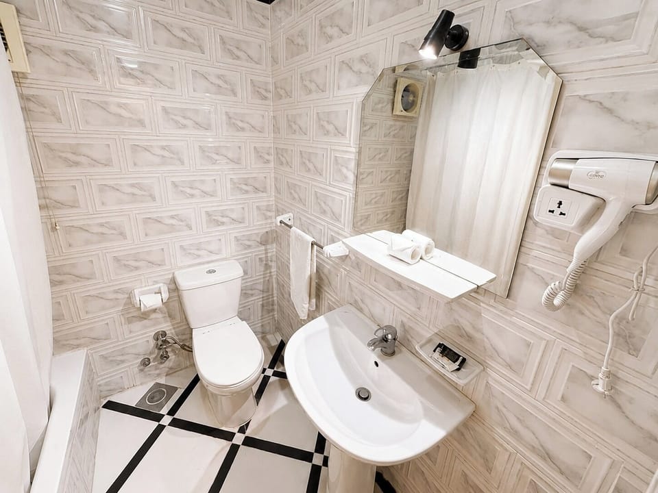 Combined shower/tub, hair dryer, towels