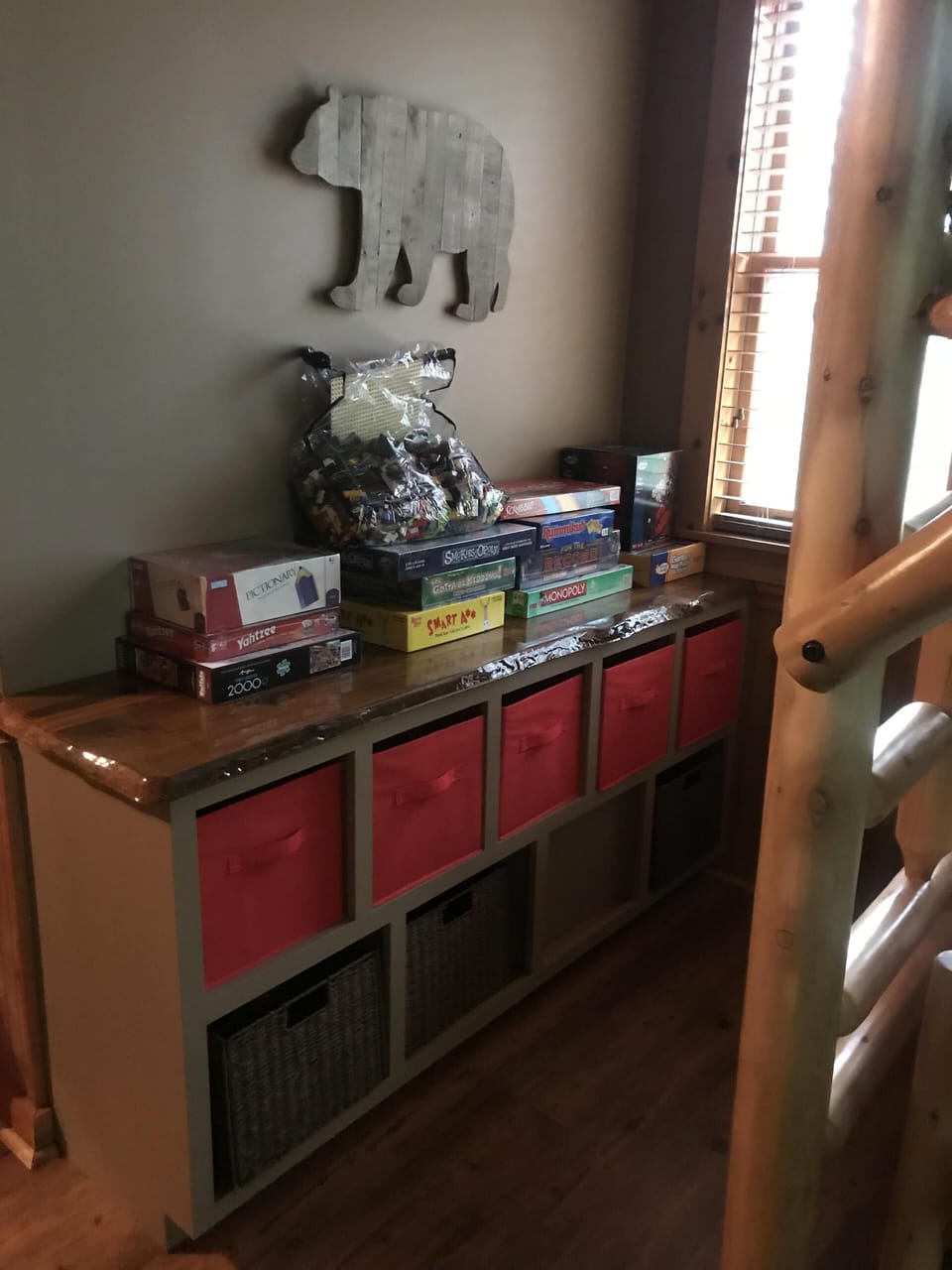 Games and puzzles and toys for all ages.  Including legos, blocks and train set.