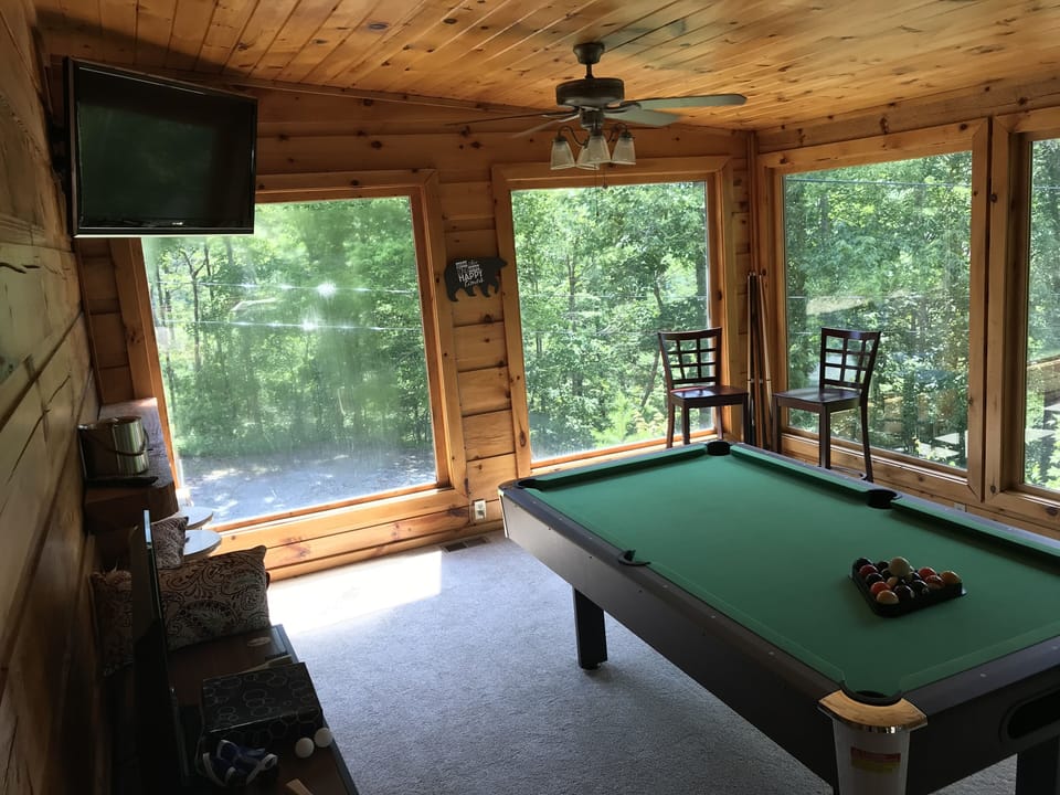 Game room with Big screen TV and billiards.