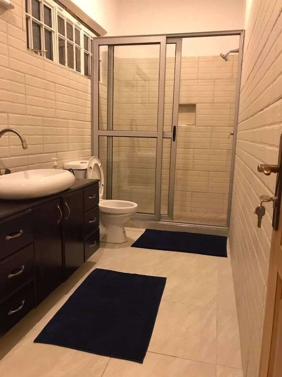 Shower, free toiletries, towels, soap