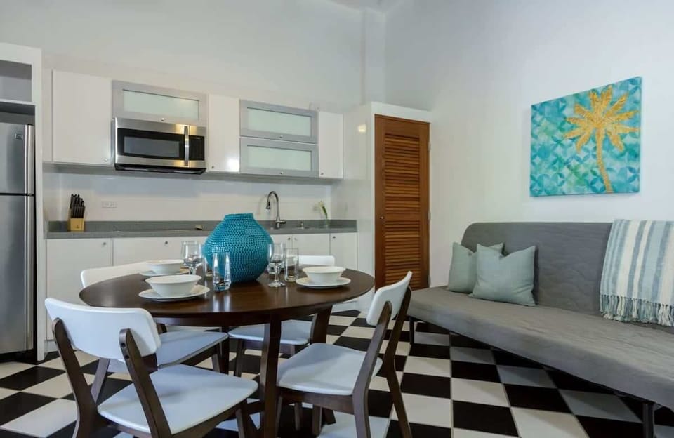 The open concept kitchen, living and dining area.