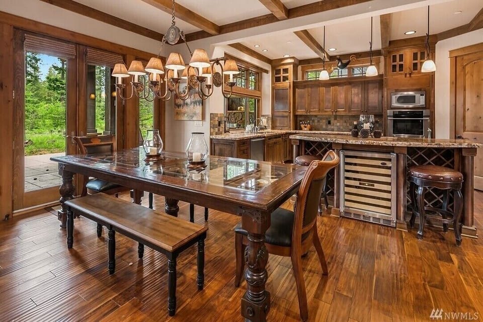 Large table, extra chairs available in the garage.