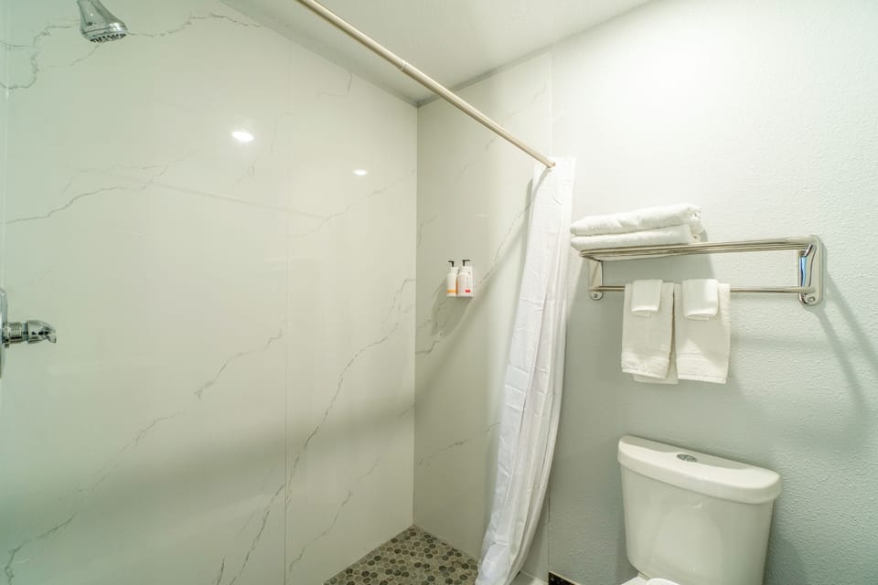 Shower, free toiletries, towels, soap