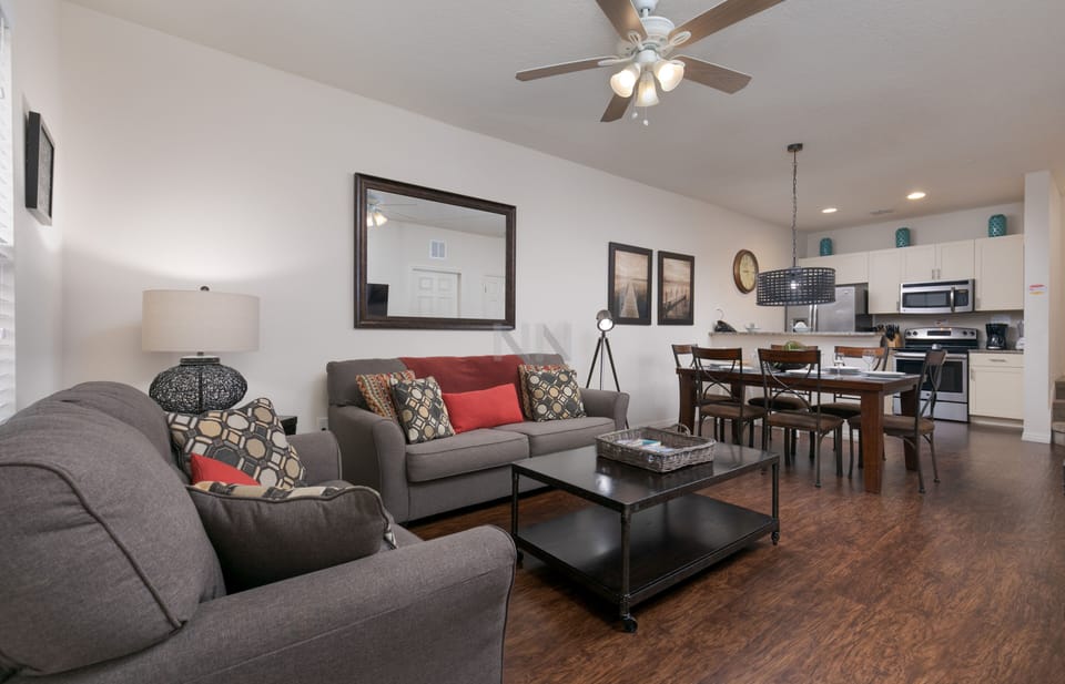A beautiful perspective of the integrated living room and dining area