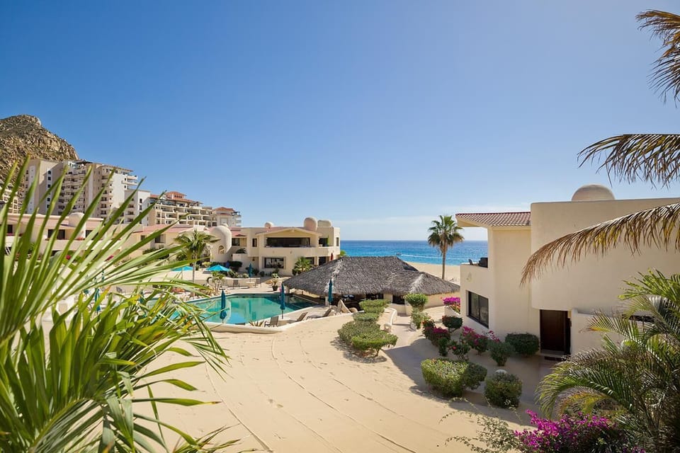 View from patio. pool, palapa bar, restaurant, Pacific