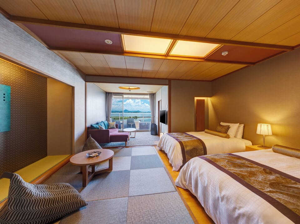 Biwa No Kaze Japanese Style Twin Room with Natural Hot Spring Open-Air Bath - Non-Smoking | Down comforters, in-room safe, desk, blackout drapes