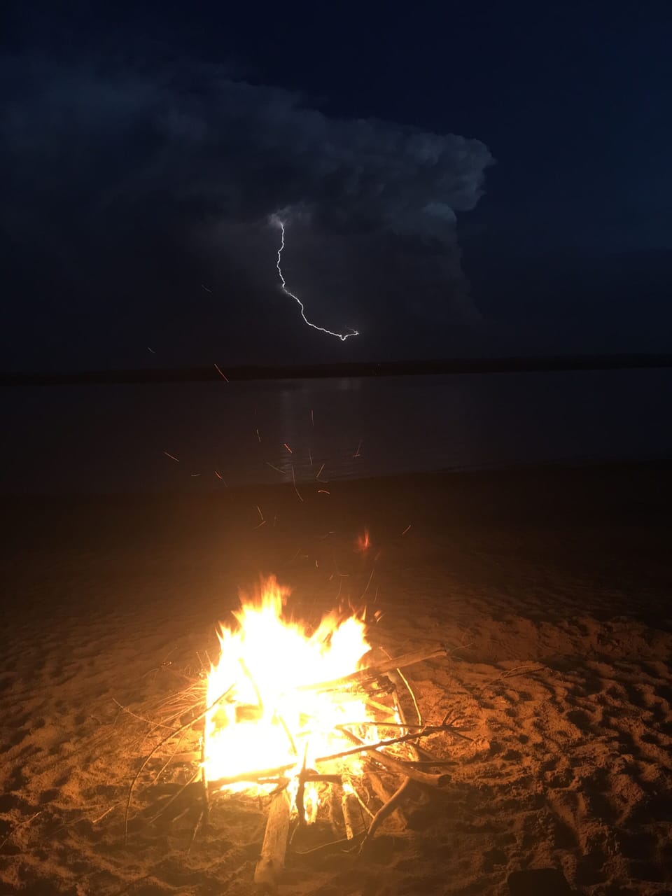 Beach view of lake at night 