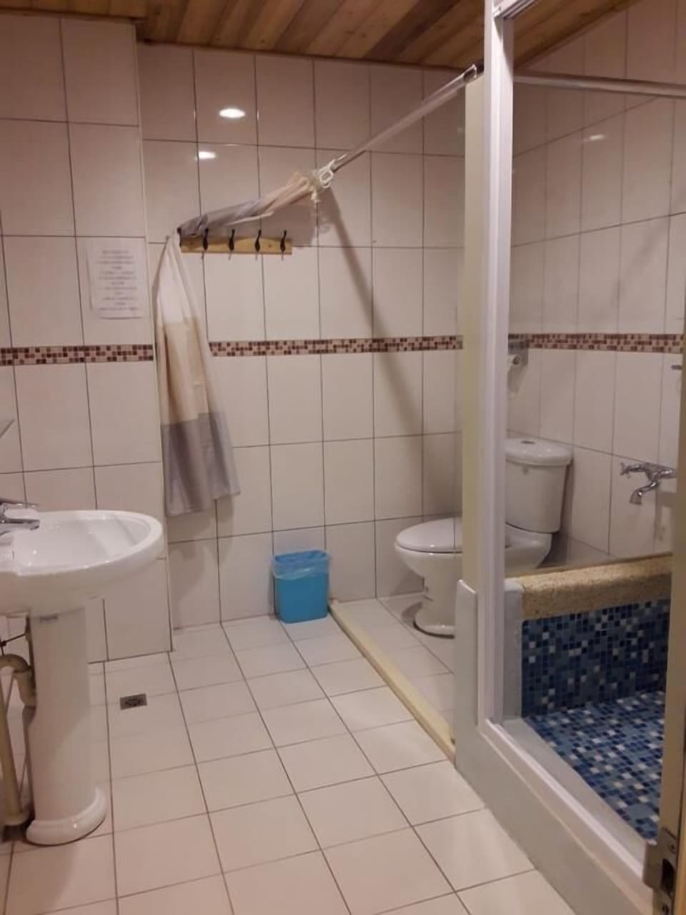 Shower, rainfall showerhead, free toiletries, hair dryer